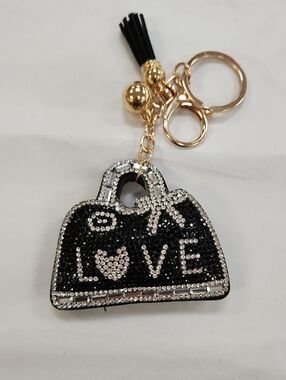 Black Crystal 'LOVE' Handbag Keychain with Gold Hardware
